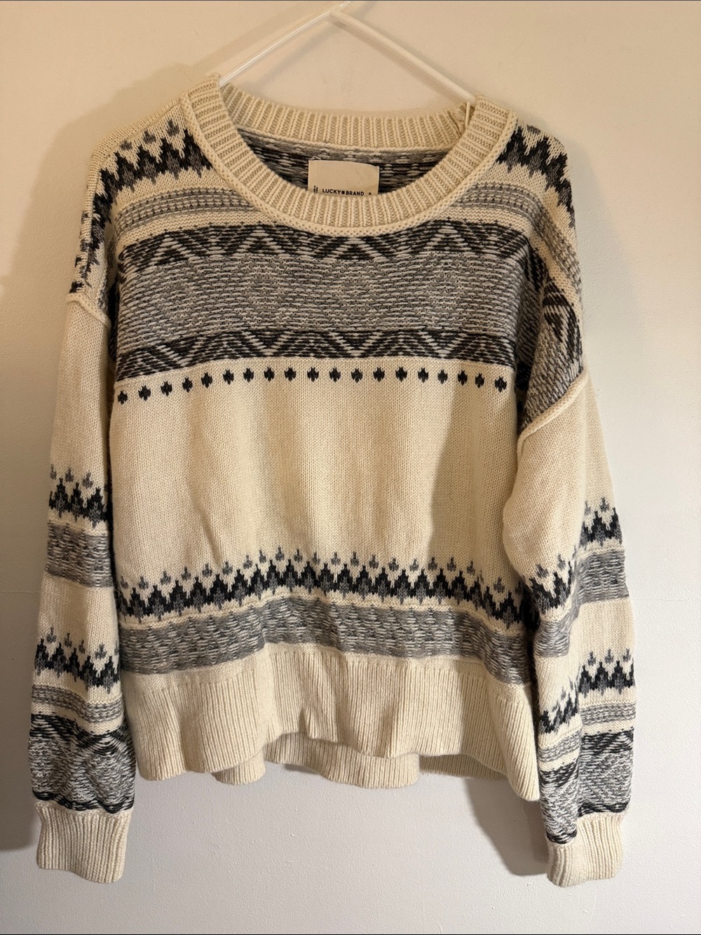Lucky Brand Cream & Gray Patterned Crewneck Sweater